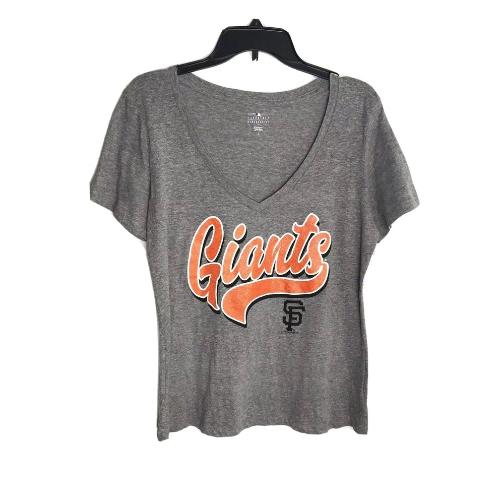 San Francisco Giants Womens V-Neck T-Shirt Gray Size L Logo MLB Short Sleeve NEW